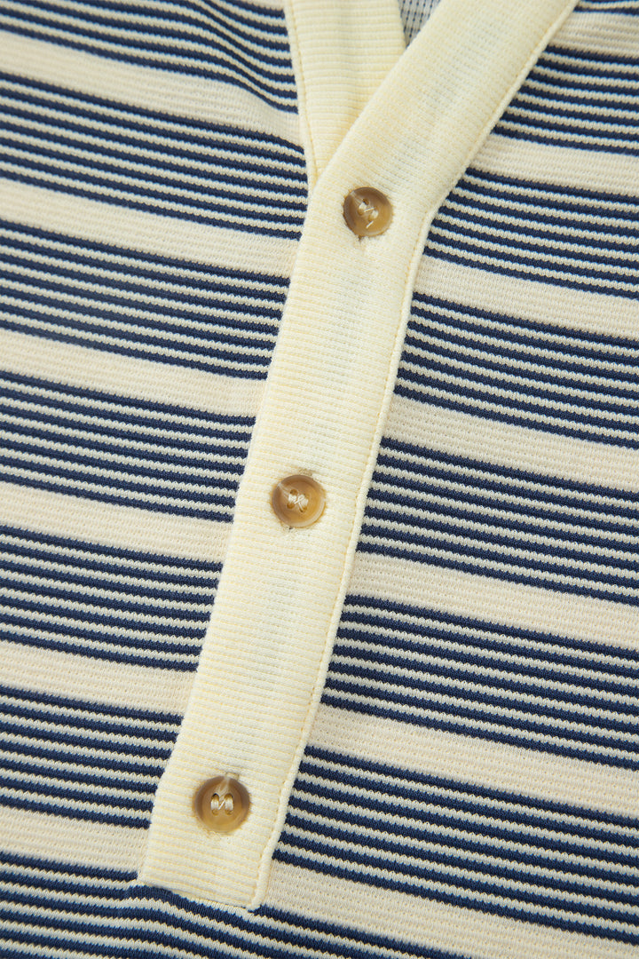 Blue Stripe Plus Size Contrast Trim Button V Neck Ruffle Sleeve Shift Dress