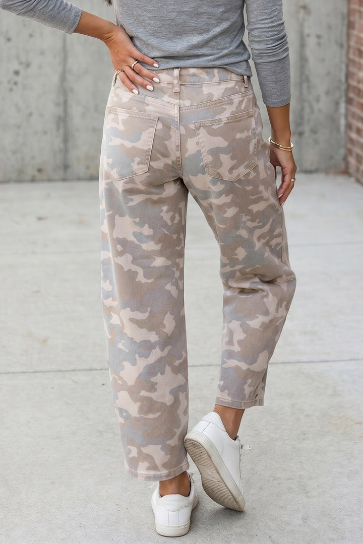 Khaki Camouflage Pattern Pocket Rivet Detail Ankle-Length Harem Fit Jeans