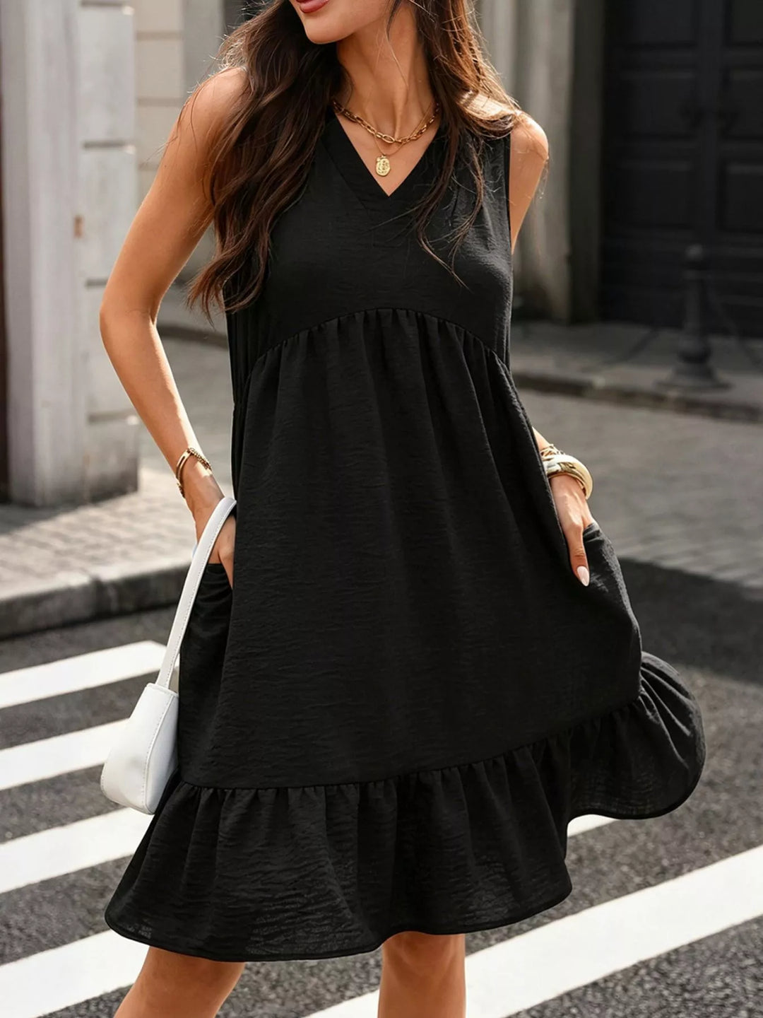 Sleeveless V-Neck Ruffle Hem Casual Dress