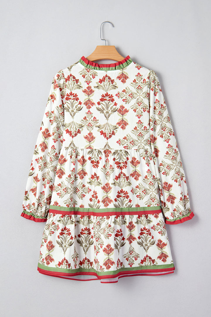 Pink Floral Print Contrast Trim Frilled Neck Long Sleeve Flared Dress