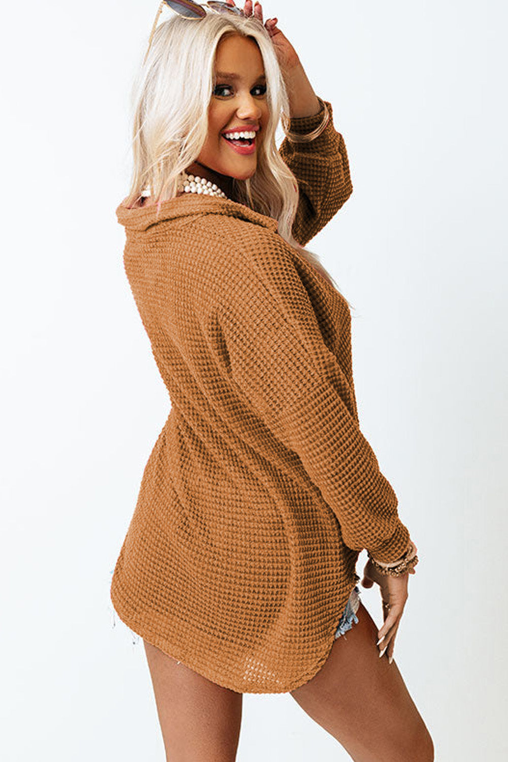 Chemise boutonnée décontractée en tricot gaufré marron
