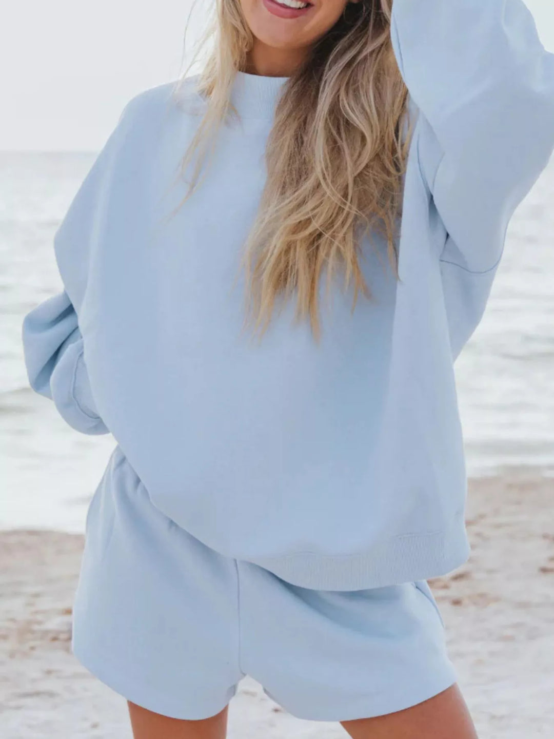 Relaxed Fit Round Neck Sweatshirt and Shorts Set