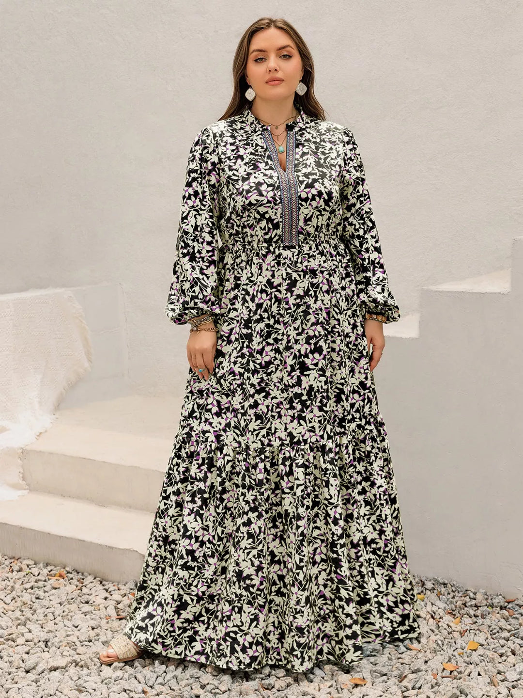 Plus Size Floral Print Long Sleeve Tiered Maxi Dress