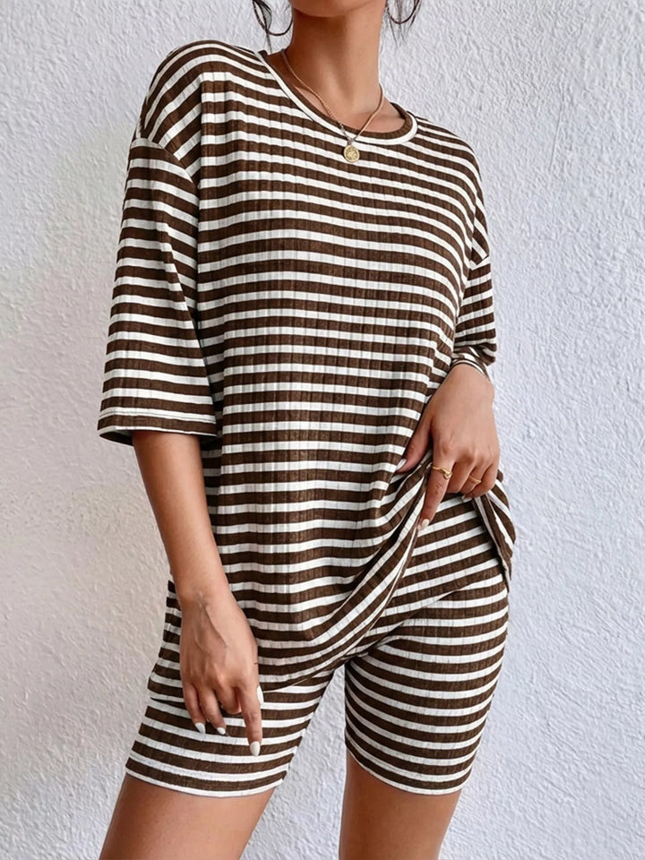 Striped Round Neck Top and Shorts Set