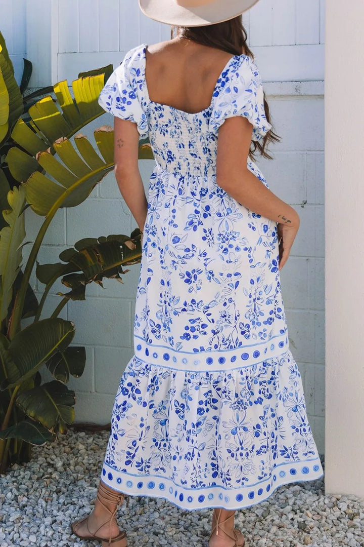 Smocked Printed Square Neck Puff Sleeve Dress