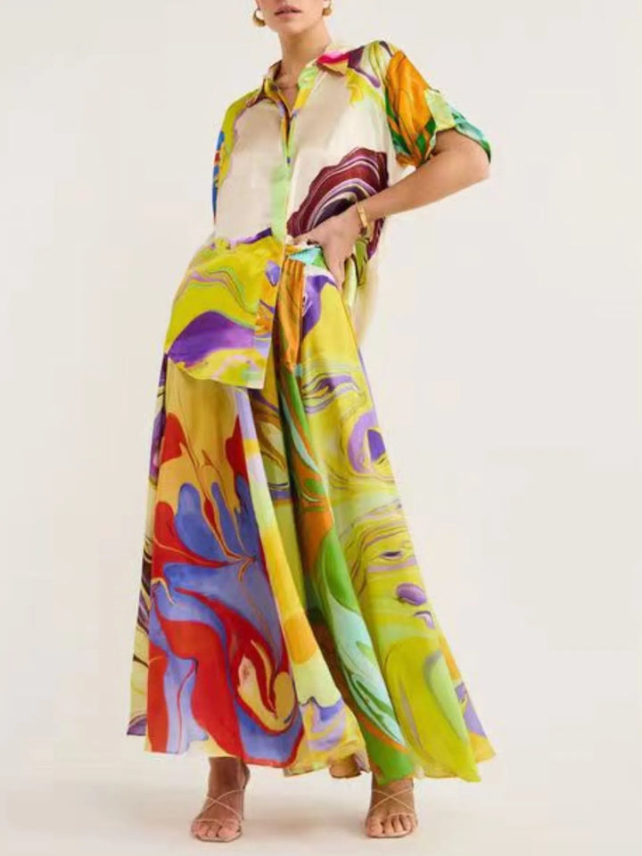 Printed Button Up Shirt and Skirt Set