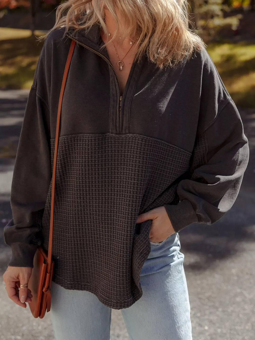 Waffle Knit Patchwork Half Zipped Casual Sweatshirt