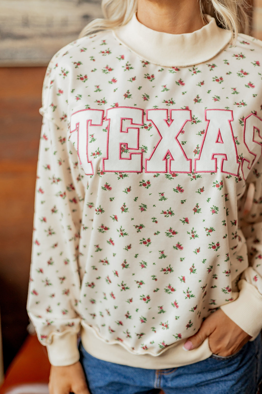 Beige Floral Print Stand Neck Long Sleeve Slogan Sweatshirt