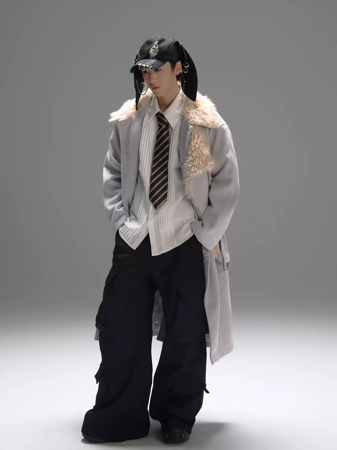 Color-block Design Over-the-knee Trench Coat Silhouette Plus-thick Cotton Coat