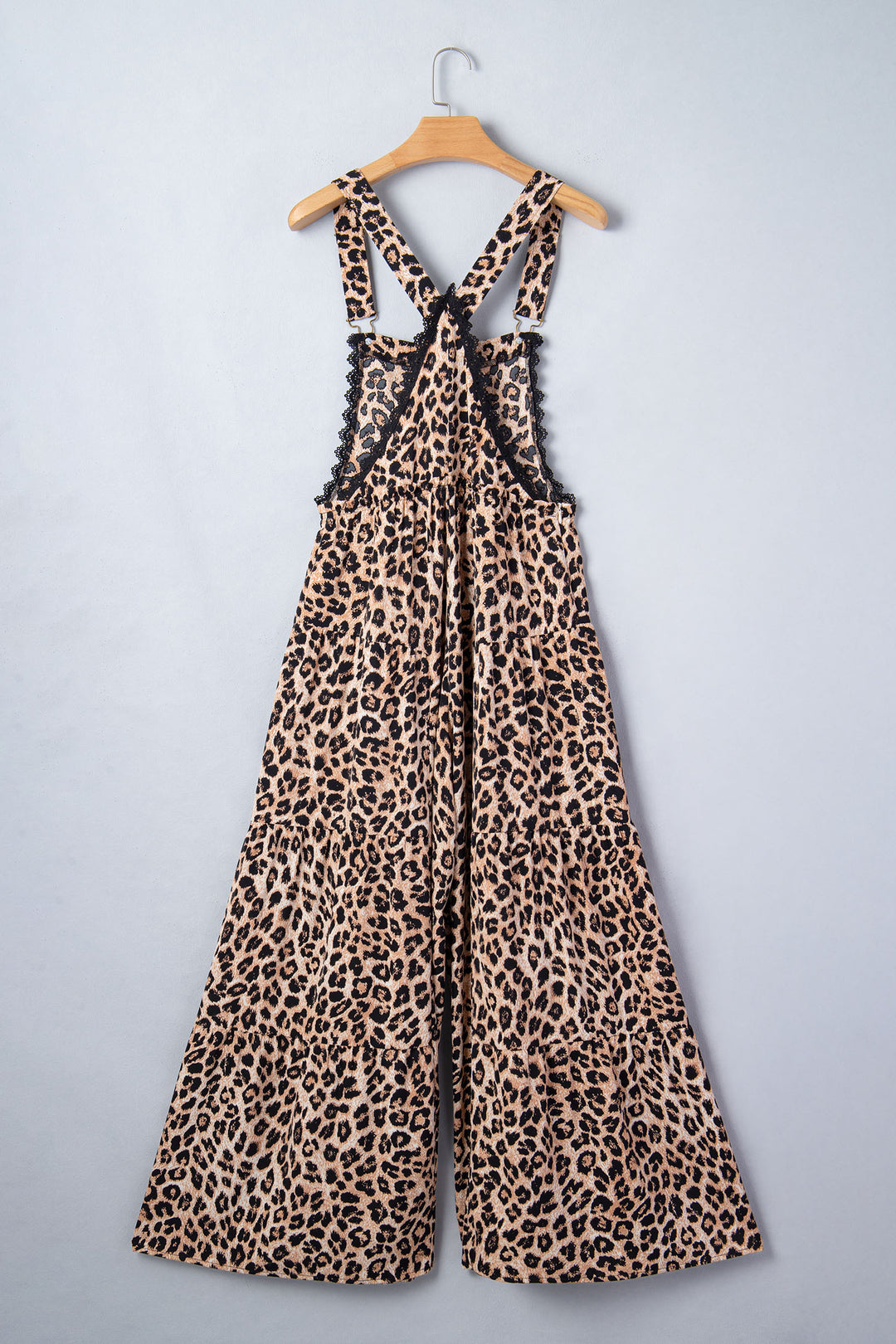 Khaki Cheetah Printed Contrast Lace Detail Ruffled Wide Leg Jumpsuit