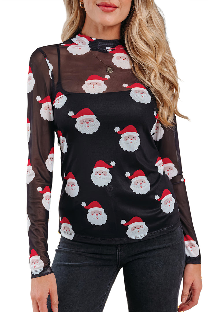 Black Christmas Fashion Print Slim Fit Long Sleeve Top