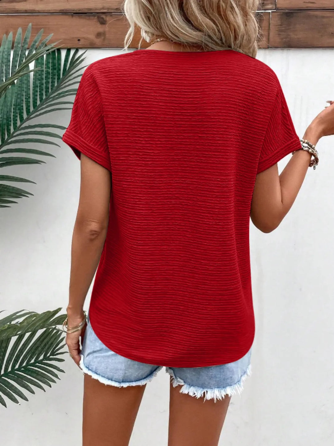Textured Solid Color Short Sleeve Top