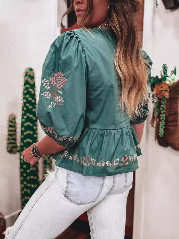 Tie Front Puff Sleeve Blouse