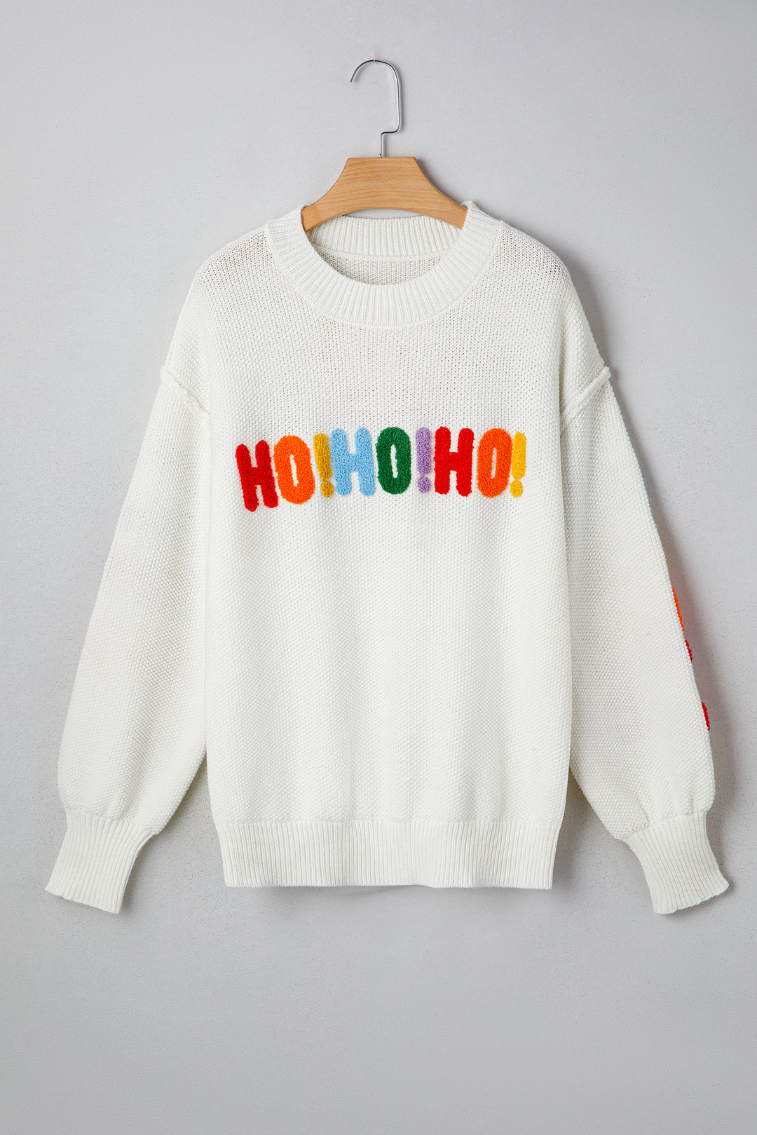 White HOHOHO MERRY CHRISTMAS Chenille Graphic Drop Shoulder Holiday Sweater
