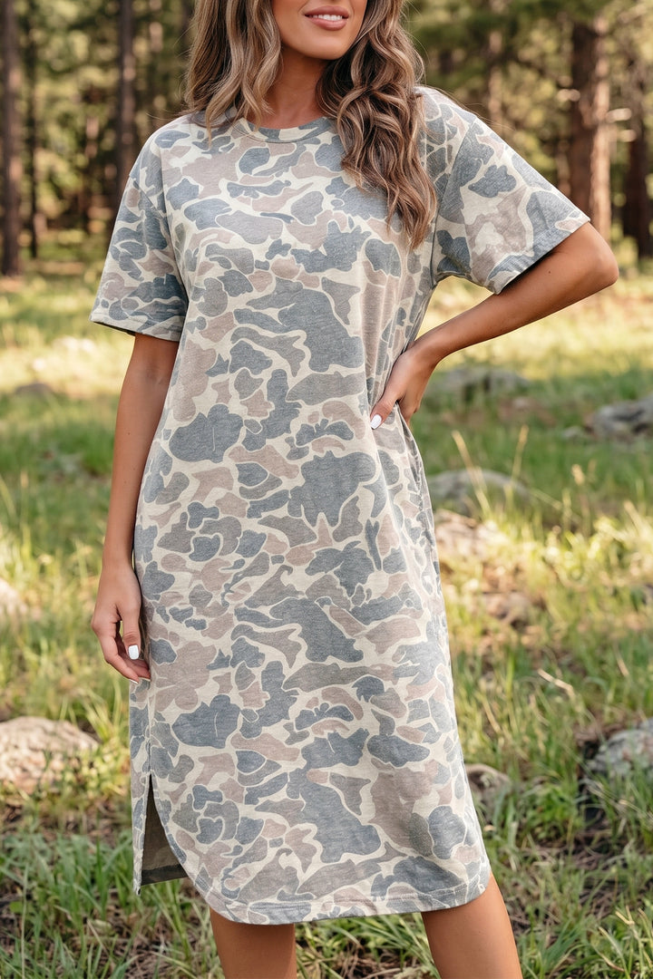 Multicolour Camouflage Print Short Sleeve Drop Shoulder Side Slit Casual Dress