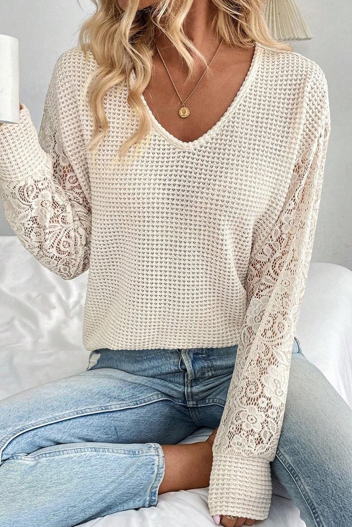 Beige V Neck Breathable Knit Drop Shoulder Lace Sleeve Patchwork Top