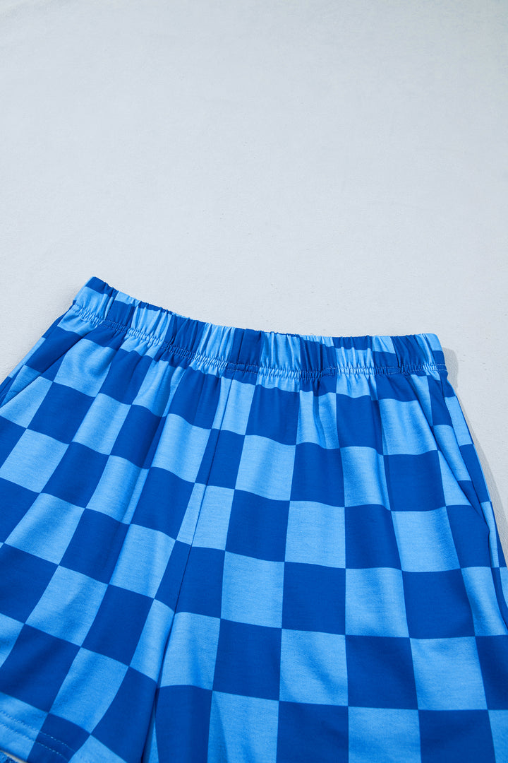 Dark Blue Plaid Checkered Long Sleeve Crop Top Elastic Waist Shorts Two Piece Set