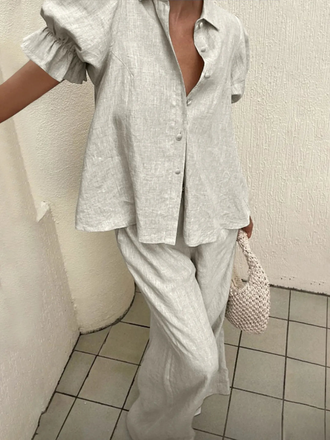Plus Size Button-Down Shirt and Wide-Leg Pants Set