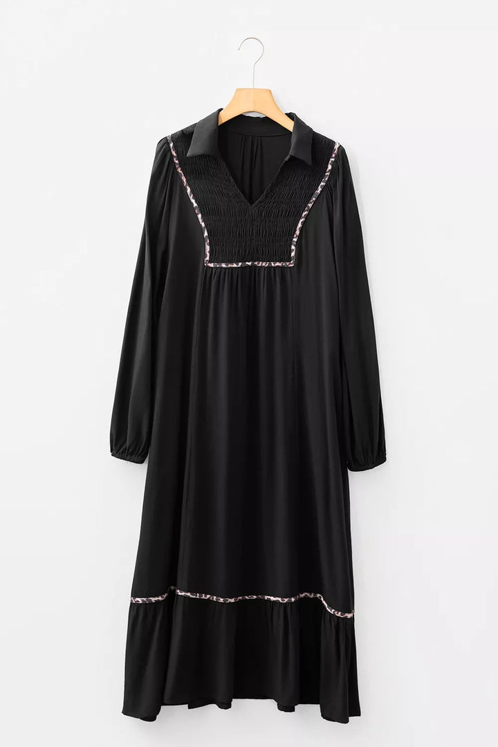 Collared V Neck Smocked Detail Contrast Leopard Trim Dress