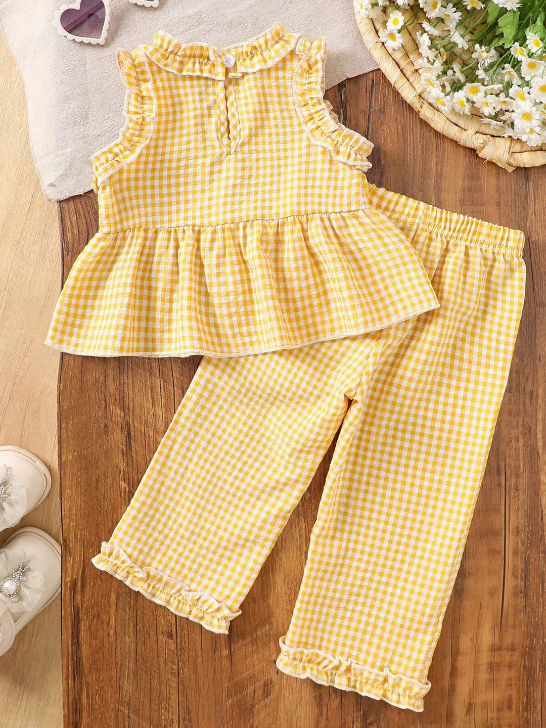 Children's Gingham Ruffle Trim Sleeveless Top & Pants Set