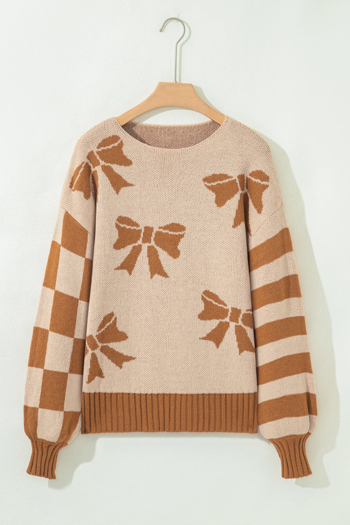 Straw Yellow Ribbon Bow Print Checkered Striped Sleeve Drop Shoulder Sweater