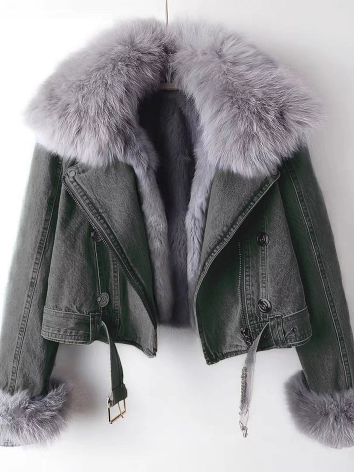 Full Size Faux Fur Collar Denim Jacket Plus Size