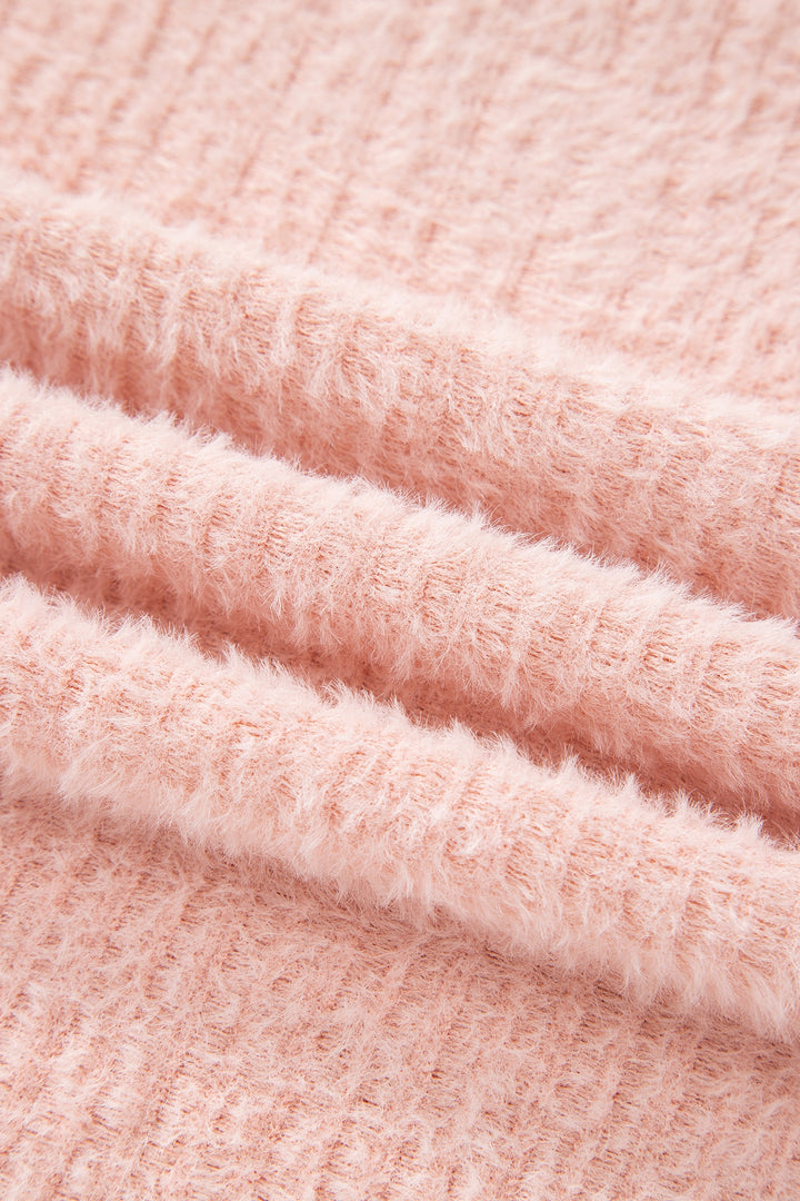 Light Pink Fuzzy Ribbed Texture Round Neck Long Sleeve Top