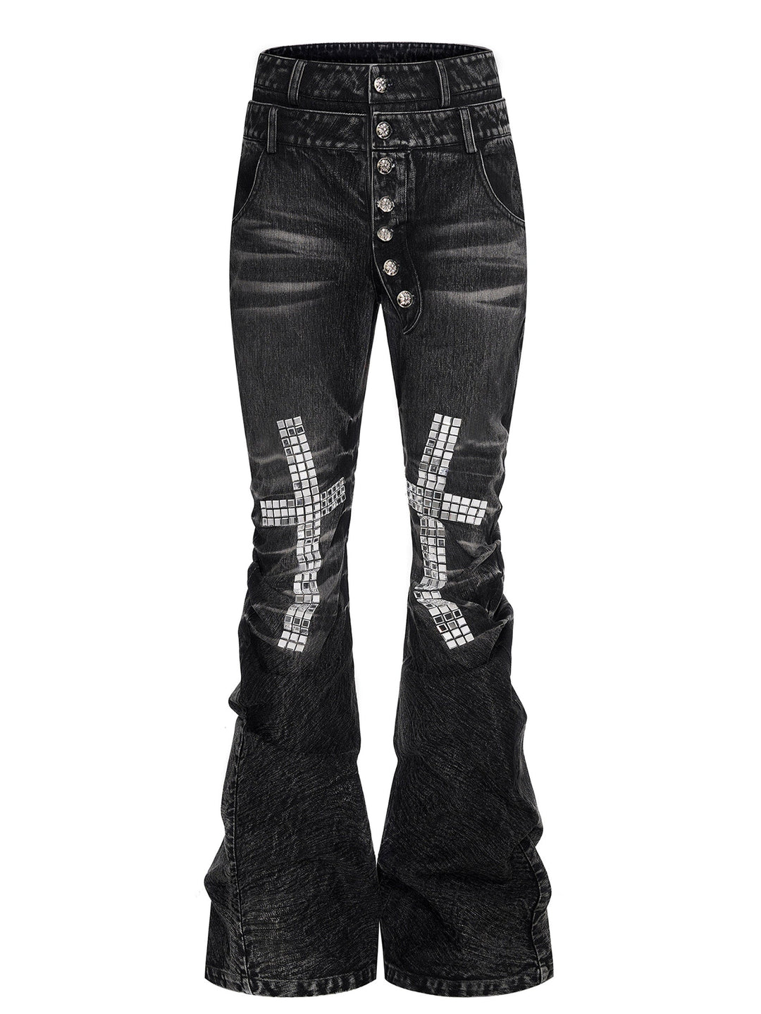 Mens Cross-Design Rhinestone-Embellished Double-Waist Button Denim Jeans