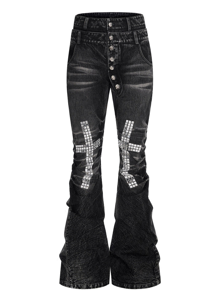 Mens Cross-Design Rhinestone-Embellished Double-Waist Button Denim Jeans