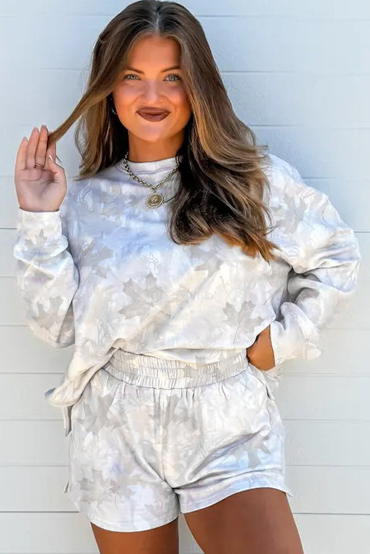 Beige Camo Print Pullover Top and Elastic Waist Casual Short Set