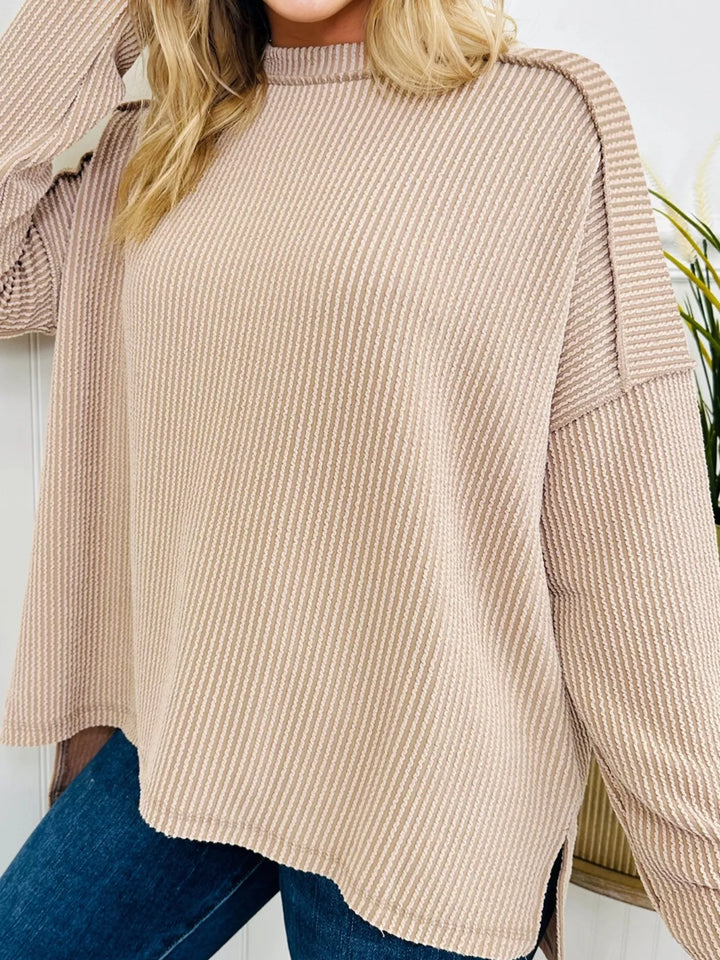 Twist Ribbed Exposed Seam Detail Long Sleeve Loose Top