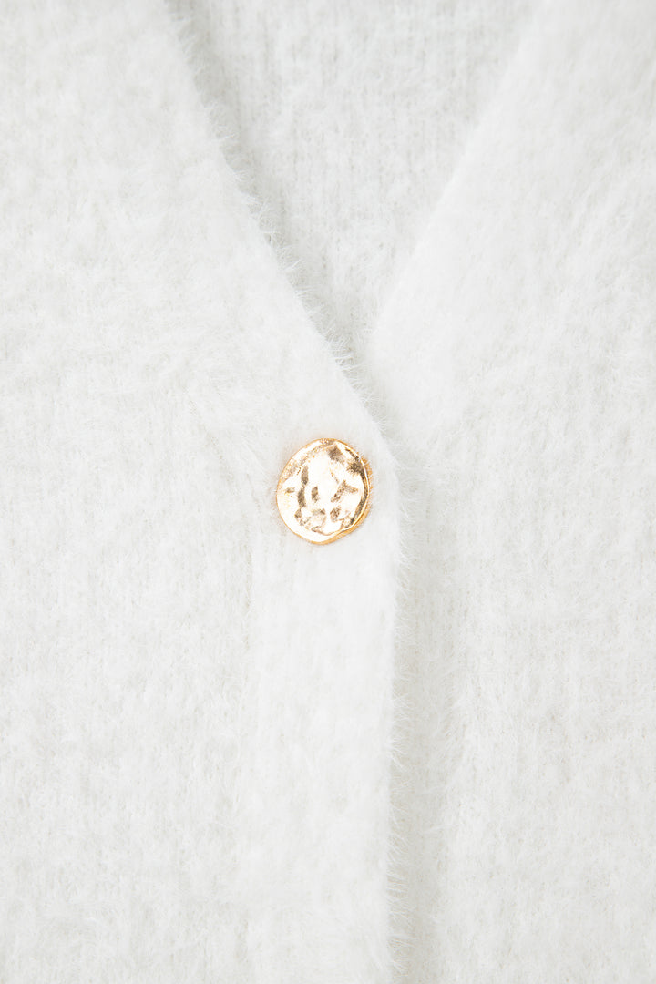 White Fuzzy Buttoned Front Midi Solid Cardigan