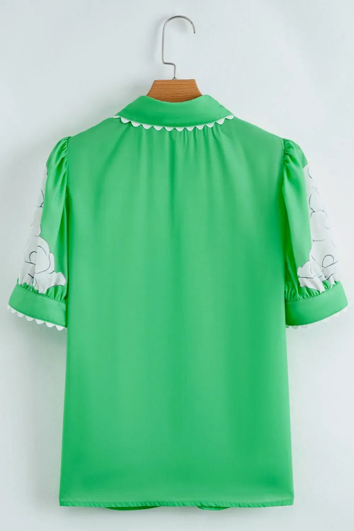 Floral Ric Rac Edge Puff Sleeve Button Up Summer Shirt