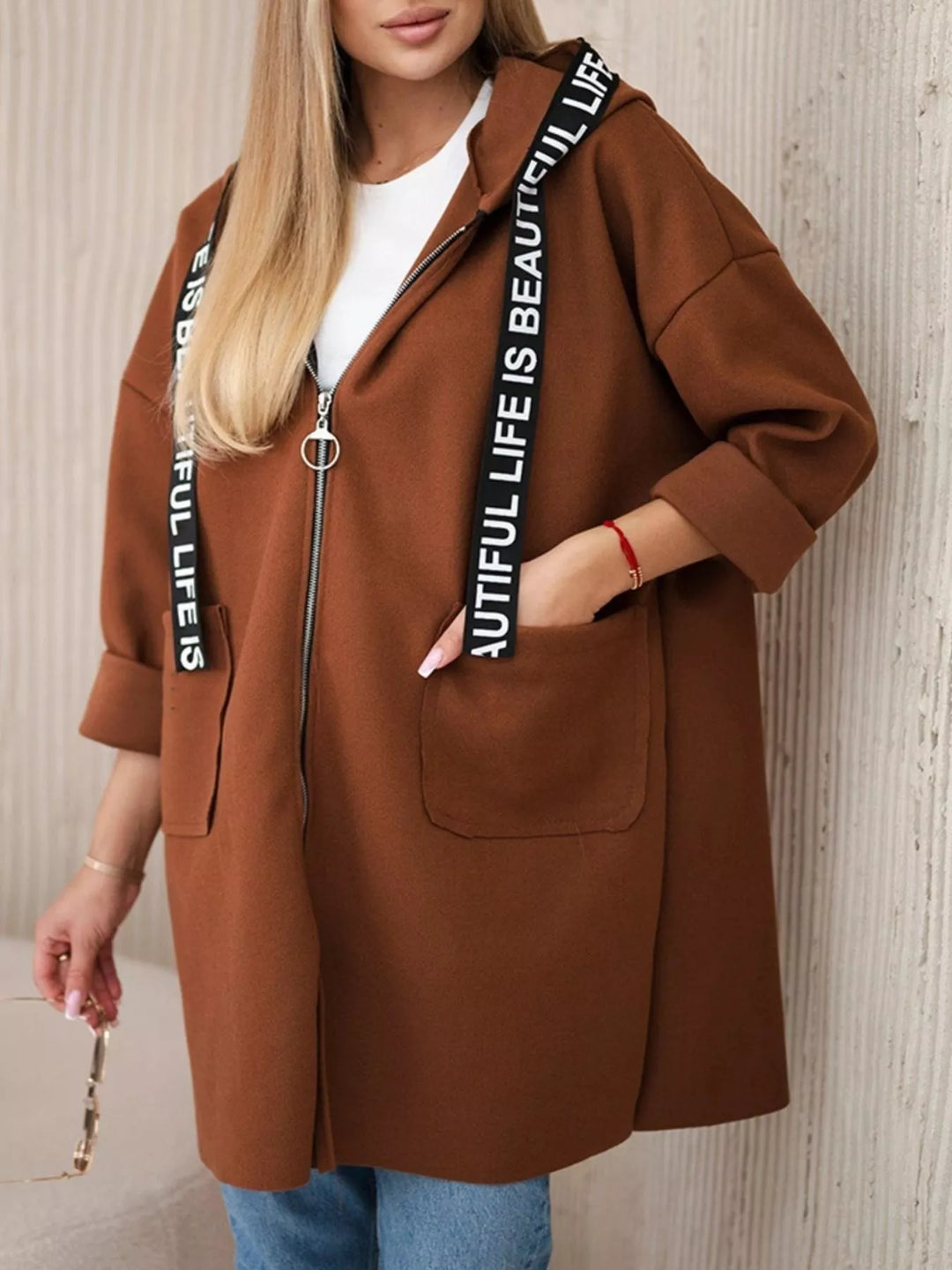 Full Size Hooded Zip-Up Longline Outerwear Plus Size