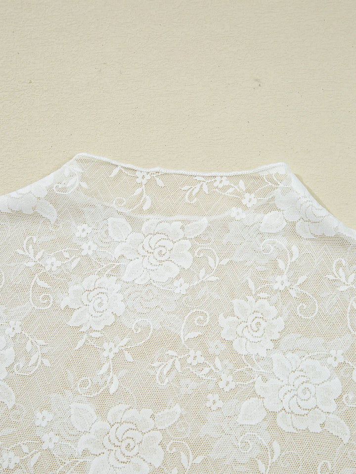 Sheer Floral Lace Mesh Mock Neck Long Sleeve Top