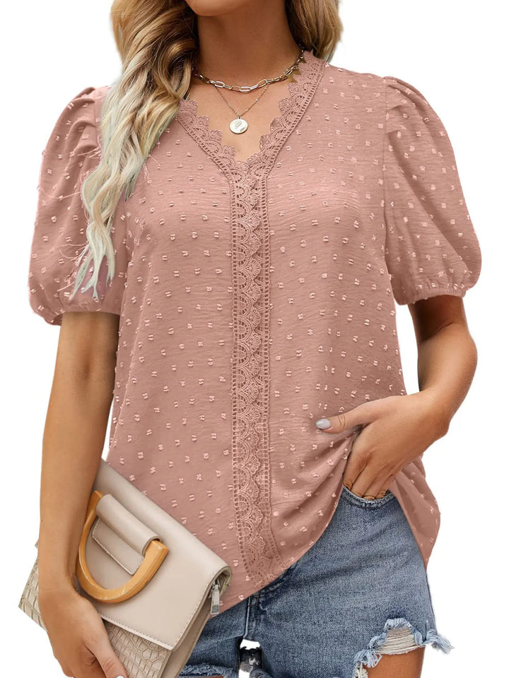 Puff Sleeve Swiss Dot Lace Trim Blouse