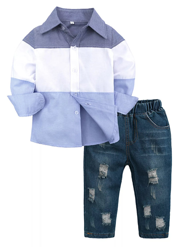 Children's Color Block Shirt & Ripped Jeans Set