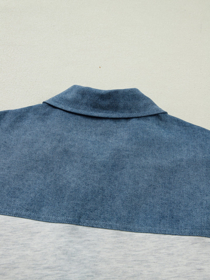 Color Block Denim Patchwork Button Polo Collar Short Sleeve Top