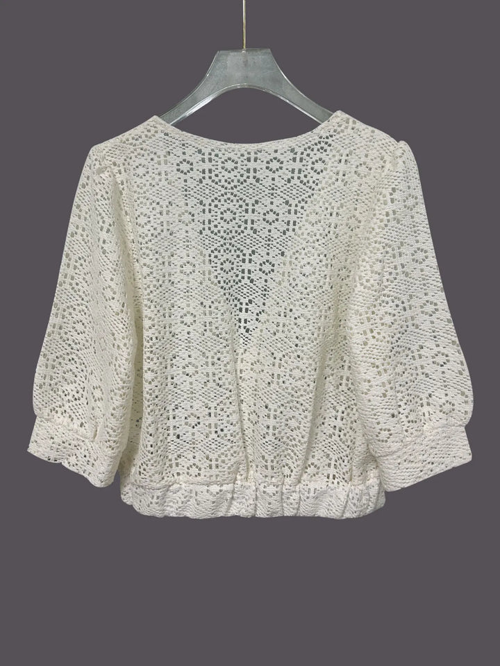 Ruched V-Neck Openwork Crop Knit Top