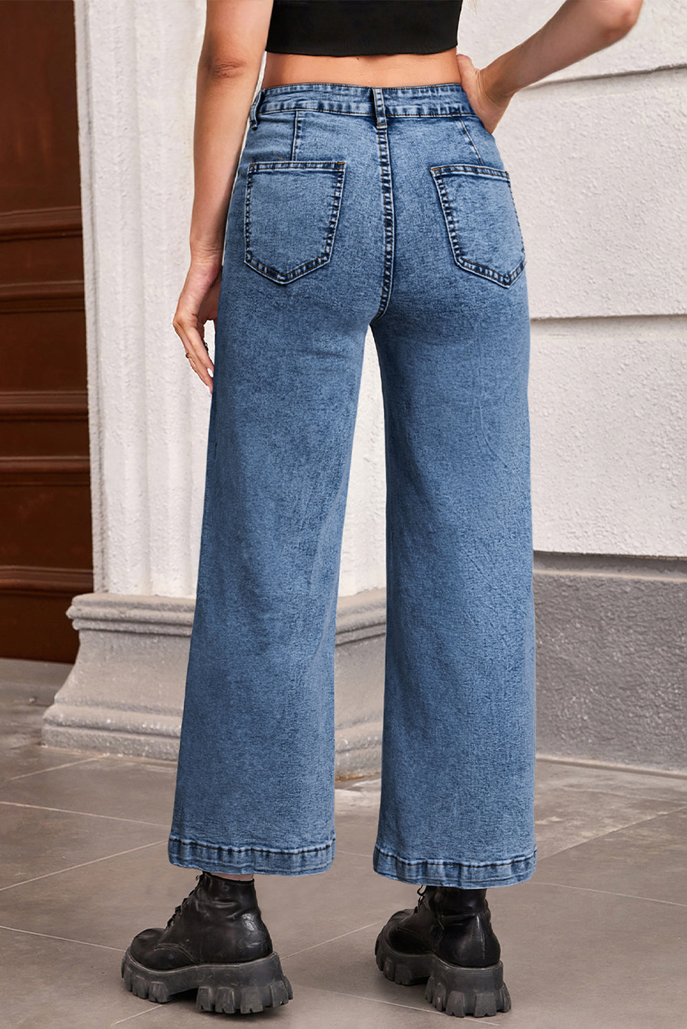 Sky Blue Chic Patch Pocket Straight Leg Loose Jeans