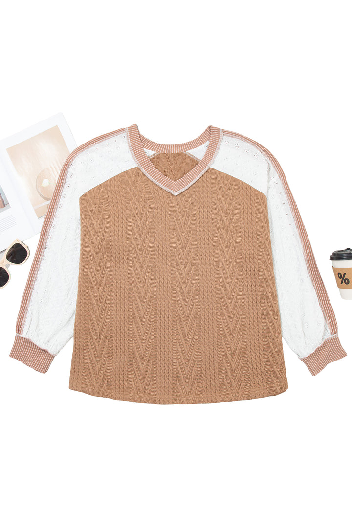 Coffee V Neck Lace Sleeve Patchwork Plus Size Blouse