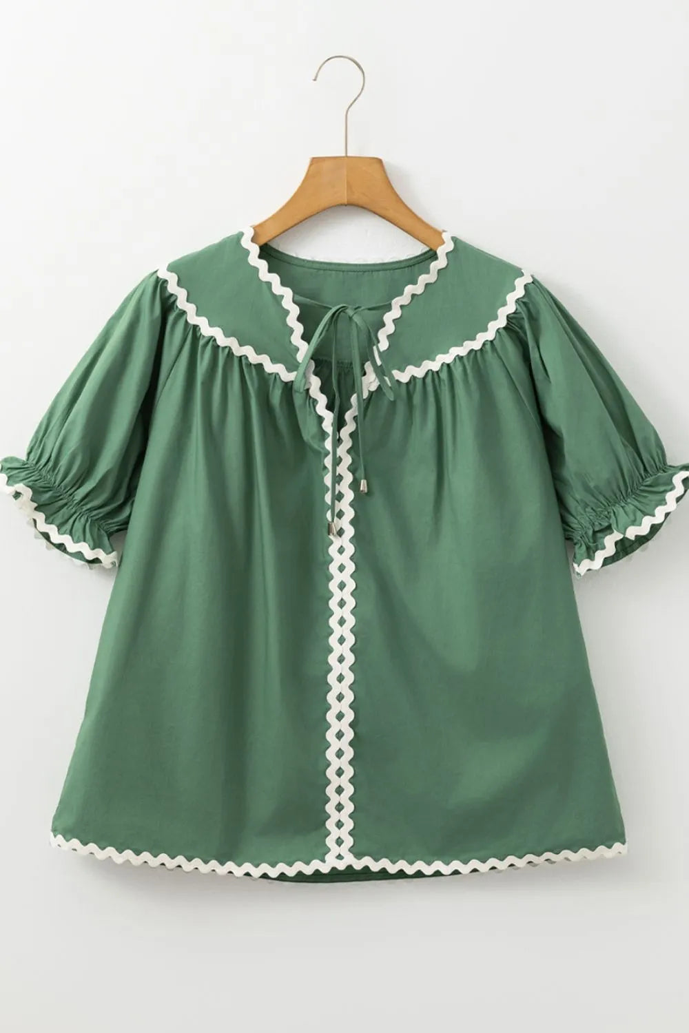 Ric Rac Trim Tie Neck Short Sleeve Blouse