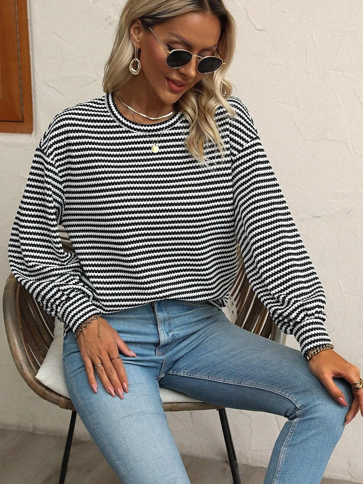 Striped Round Neck Lantern Sleeve Top