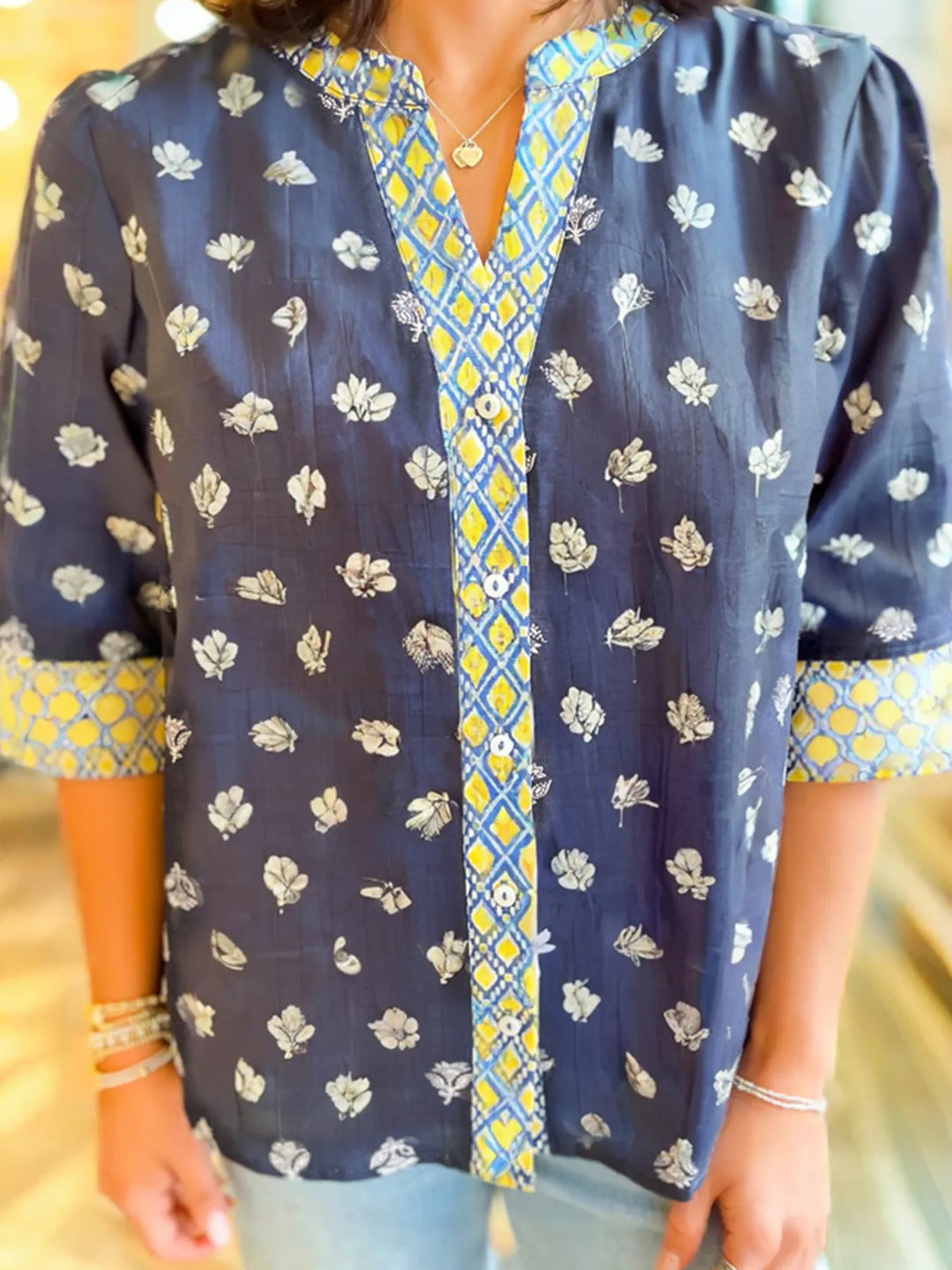 Floral Print Half Sleeve Contrast Trim Blouse