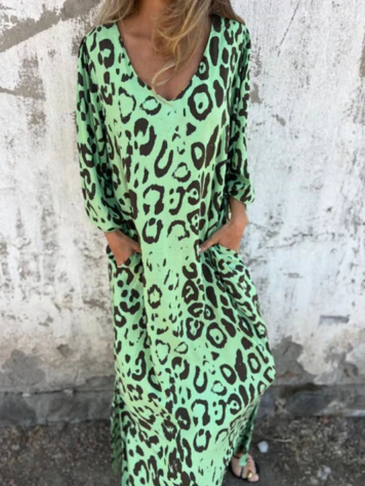 Full Size Printed V-Neck Dress with Pockets Plus Size