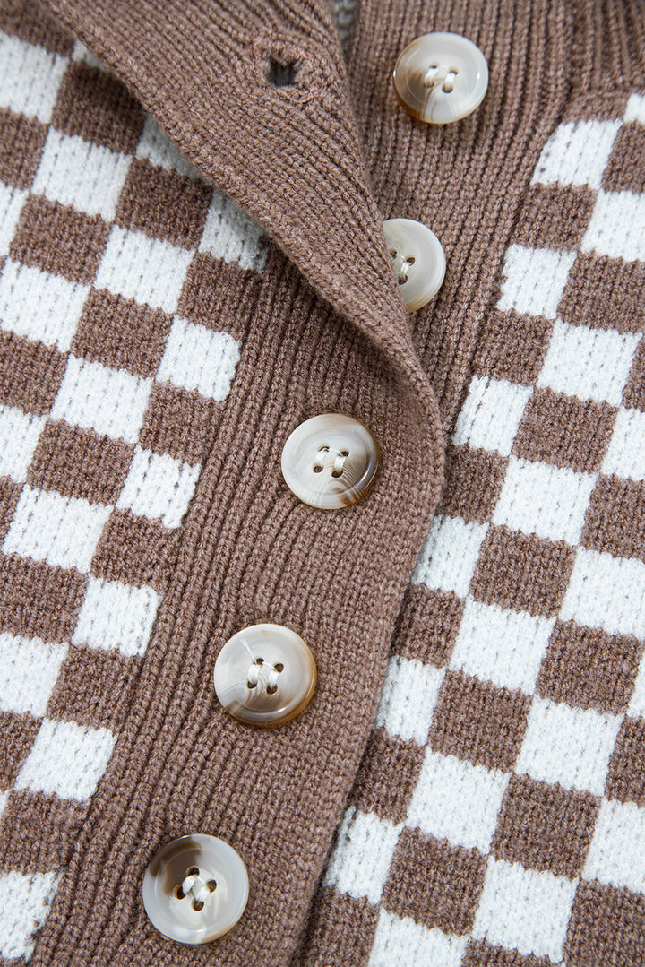 Dark Brown Half Button Ribbed Trim Checkerboard Knit Sweater