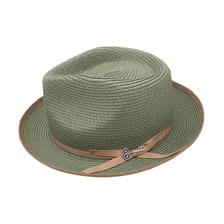 Olive Green Rolled-brim Straw Hat With Bow For Sun Protection Artistic Style For Men And Women