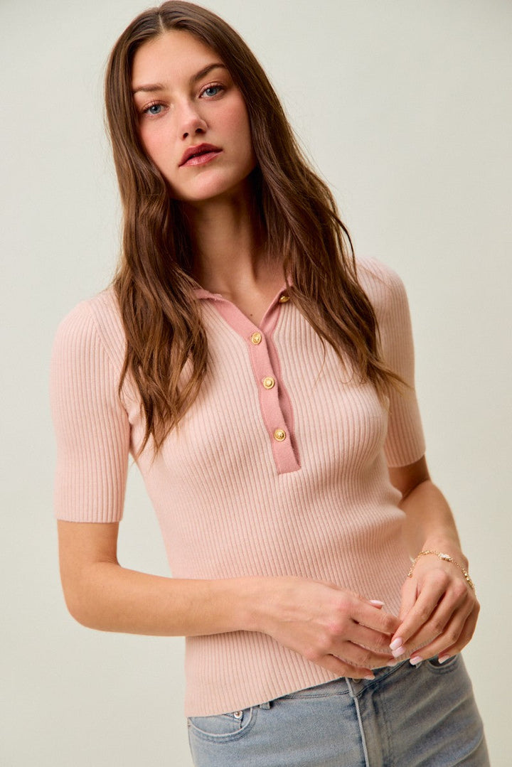SO ME Contrast Collar Stretchy Rib Knit Short Sleeve Top