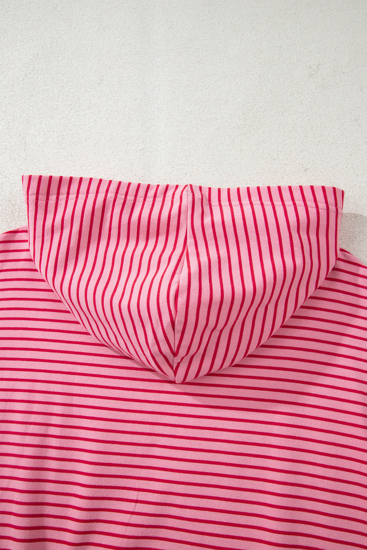 Rose Stripe Thumbhole Side Slits Drop Shoulder Loose Fit Hoodie