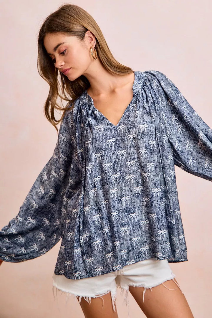 BiBi Ribbon Bow Print Exaggerated Balloon Sleeves Top